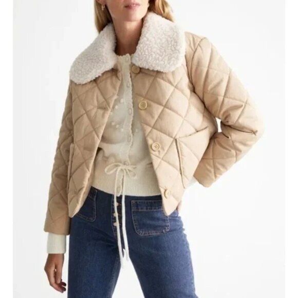 NWOT & Other Stories Quilted Cotton Faux Fur Collar Beige Jacket 0, XS - Picture 3 of 8